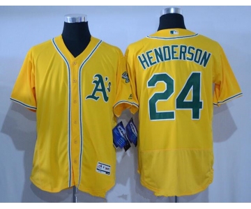 Men's Oakland Athletics #24 Rickey Henderson Retired Yellow Stitched MLB 2016 Majestic Flex Base Jersey