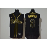 Men's Philadelphia Phillies #3 Bryce Harper Black Golden 2020 Cool and Refreshing Sleeveless Fan Stitched Flex Nike Jersey