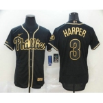 Men's Philadelphia Phillies #3 Bryce Harper Black Golden Stitched MLB Flex Base Nike Jersey