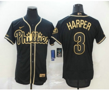 Men's Philadelphia Phillies #3 Bryce Harper Black Golden Stitched MLB Flex Base Nike Jersey