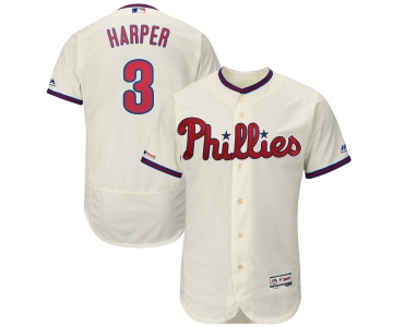 Men's Philadelphia Phillies 3 Bryce Harper Cream 150th Patch Flexbase Collection Jersey