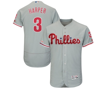 Men's Philadelphia Phillies 3 Bryce Harper Gray 150th Patch Flexbase Collection Jersey