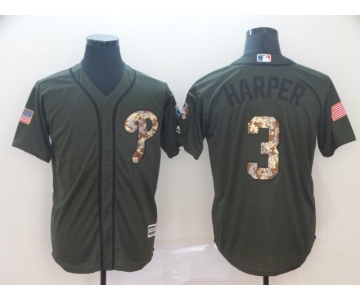 Men's Philadelphia Phillies 3 Bryce Harper Olive Camo Salute To Service Cool Base Jersey