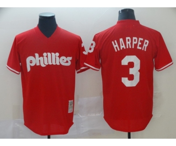 Men's Philadelphia Phillies #3 Bryce Harper Red Throwback Mesh Batting Practice Stitched MLB Jersey