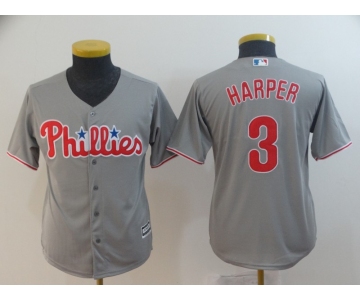 Youth Philadelphia Phillies #3 Bryce Harper Gray Home Stitched MLB Majestic Cool Base Jersey