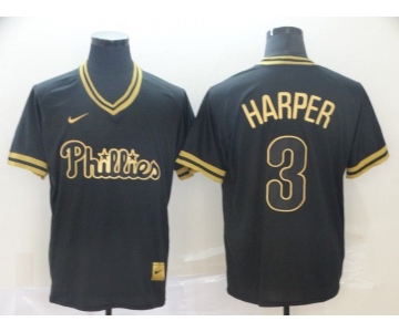 Men Philadelphia Phillies 3 Harper Black gold Game Nike 2022 MLB Jersey