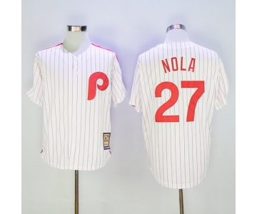 Men's Philadelphia Phillies #27 Aaron Nola White Pinstripe Majestic Cool Base Cooperstown Collection Jersey