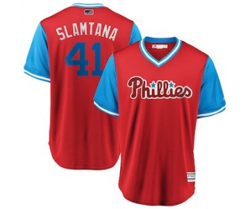 Men's Philadelphia Phillies 41 Carlos Santana Slamtana Majestic Scarlet 2018 Players' Weekend Cool Base Jersey