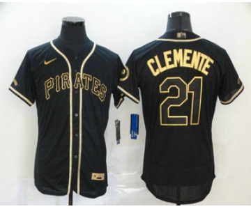 Men's Pittsburgh Pirates #21 Roberto Clemente Black With Gold Stitched MLB Flex Base Nike Jersey