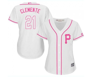 Pirates #21 Roberto Clemente White Pink Fashion Women's Stitched Baseball Jersey