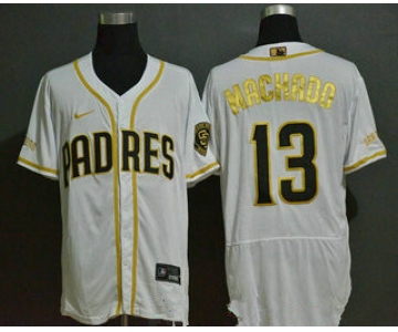 Men's San Diego Padres #13 Manny Machado White Golden Stitched MLB Flex Base Nike Jersey