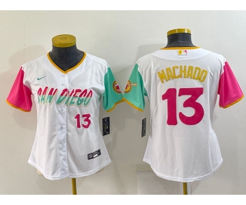 Women's San Diego Padres #13 Manny Machado White Number 2022 City Connect Cool Base Stitched Jersey