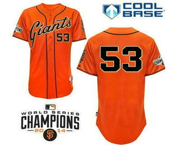 Men's San Francisco Giants #53 Chris Heston Alternate Orange Stitched MLB Cool Base Jersey With 2014 World Series Champions Patch