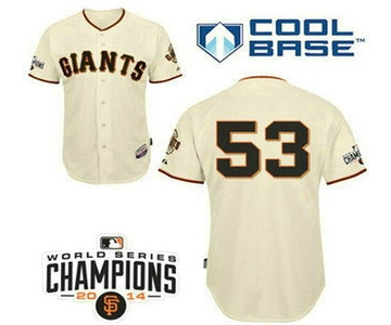 Men's San Francisco Giants #53 Chris Heston Home Cream Stitched MLB Cool Base Jersey With 2014 World Series Champions Patch