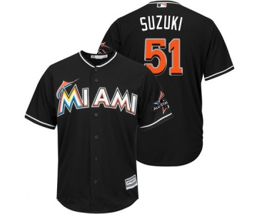 Men's Miami Marlins #51 Ichiro Suzuki Black 2017 All-Star Patch Stitched MLB Majestic Cool Base Jersey