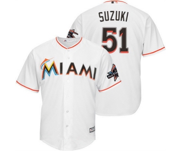 Men's Miami Marlins #51 Ichiro Suzuki White Home 2017 All-Star Patch Stitched MLB Majestic Cool Base Jersey