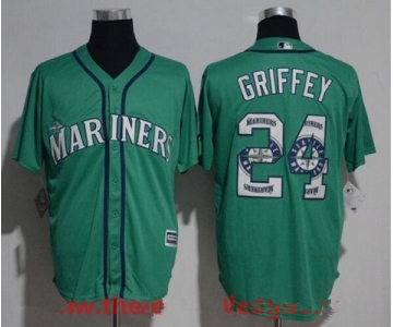 Men's Seattle Mariners #24 Ken Griffey Jr. Teal Green Team Logo Ornamented Stitched MLB Majestic Cool Base Jersey