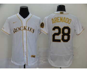 Men's Colorado Rockies #28 Nolan Arenado White With Gold Stitched MLB Flex Base Nike Jersey