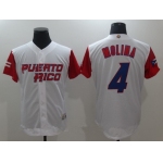 Men's Puerto Rico Baseball #4 Yadier Molina Majestic White 2017 World Baseball Classic Stitched Authentic Jersey