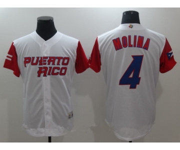 Men's Puerto Rico Baseball #4 Yadier Molina Majestic White 2017 World Baseball Classic Stitched Authentic Jersey