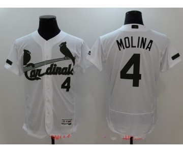Men's St. Louis Cardinals #4 Yadier Molina White with Green Memorial Day Stitched MLB Majestic Flex Base Jersey