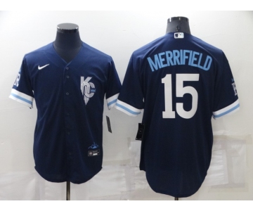 Men's Kansas City Royals #15 Whit Merrifield 2022 Navy Blue City Connect Cool Base Stitched Jersey