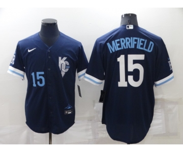 Men's Kansas City Royals #15 Whit Merrifield Number 2022 Navy Blue City Connect Cool Base Stitched Jersey