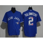 Men's Toronto Blue Jays #2 Troy Tulowitzki Royal Blue Team Logo Ornamented Stitched MLB Majestic Cool Base Jersey