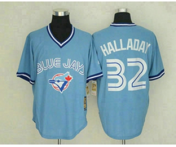 Men's Toronto Blue Jays #32 Roy Halladay Light Blue Pullover Stitched MLB Throwback Jersey By Mitchell & Ness